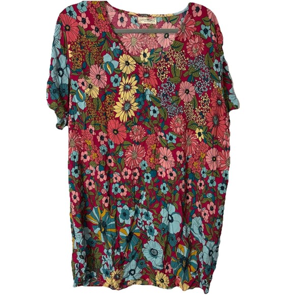 Natural Life Mini Dress Oversized Floral Print V Neck 100% Rayon Boho Sz L EUC - Picture 2 of 8